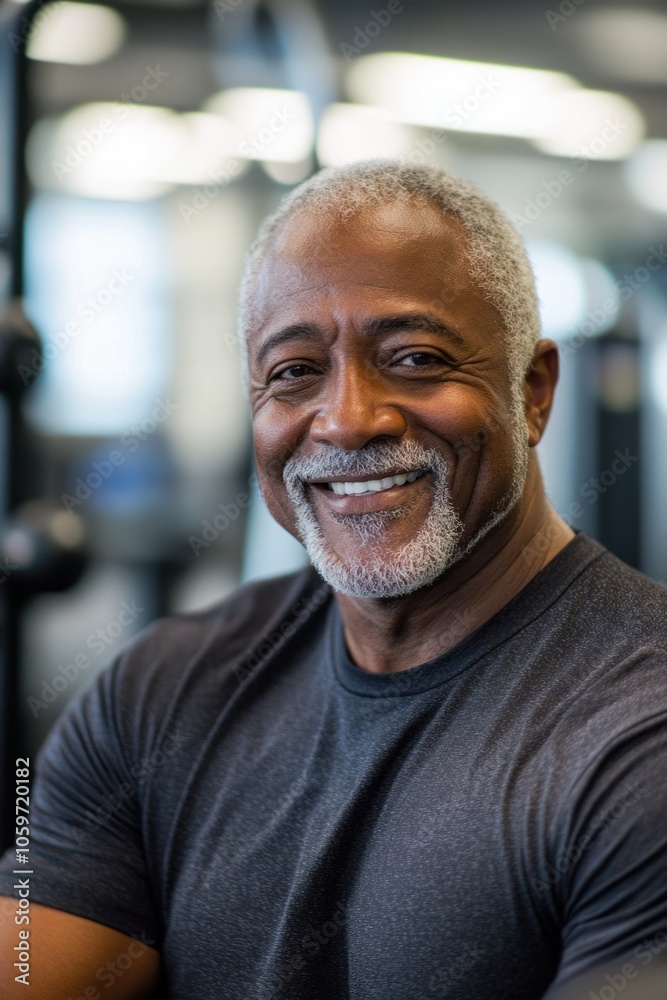 Obraz premium Happy african american old man in sportswear at gym. active lifestyle and vitality, senior activity, leisure. fitness workout, health and wellness