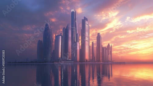 Futuristic skyline in Abu Dhabi at dusk, ample area for copy