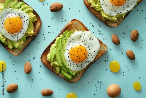 Avocado toast with fried egg and almonds on a blue background, perfect for healthy food lovers Colorful, eye catching presentation ideal for food blogs and recipes photo