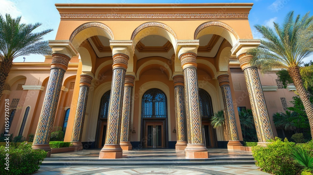 Obraz premium Grand entrance of a UAE mosque with tall columns, ample room for text