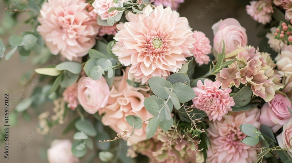 Fototapeta premium A wreath of pale pink carnations and blush dahlias interwoven with wispy strands of eucalyptus for a romantic touch.