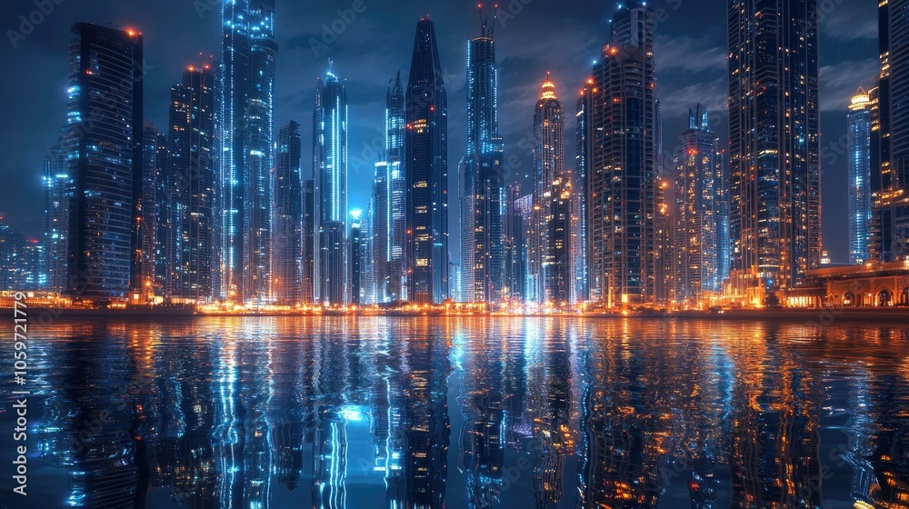 Fototapeta premium Light reflecting off UAE glass skyscrapers, blank area for text