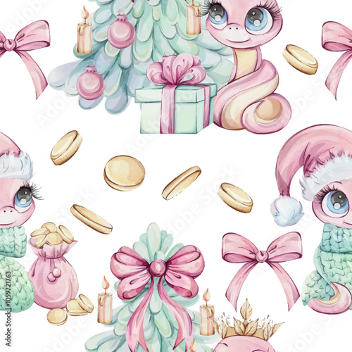 Pink snake girl princess with christmas tree and gift, gold coins watercolor seamless pattern on white background. Symbol wealth of Chines New Year 2025 in cute cartoon style for souvenirs, printing