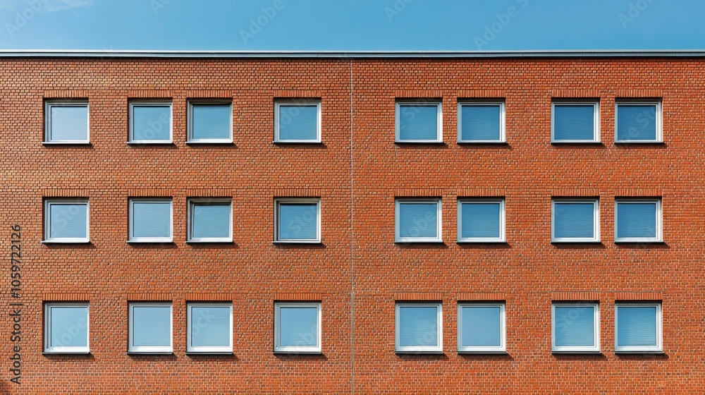 Fototapeta premium Minimalist brick facade with geometric windows, spacious sky view