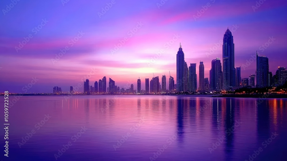 Obraz premium Modern Dubai cityscape at twilight, ample space for copy