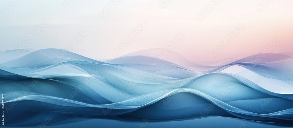 Abstract blue waves flowing into a soft pink and white background.