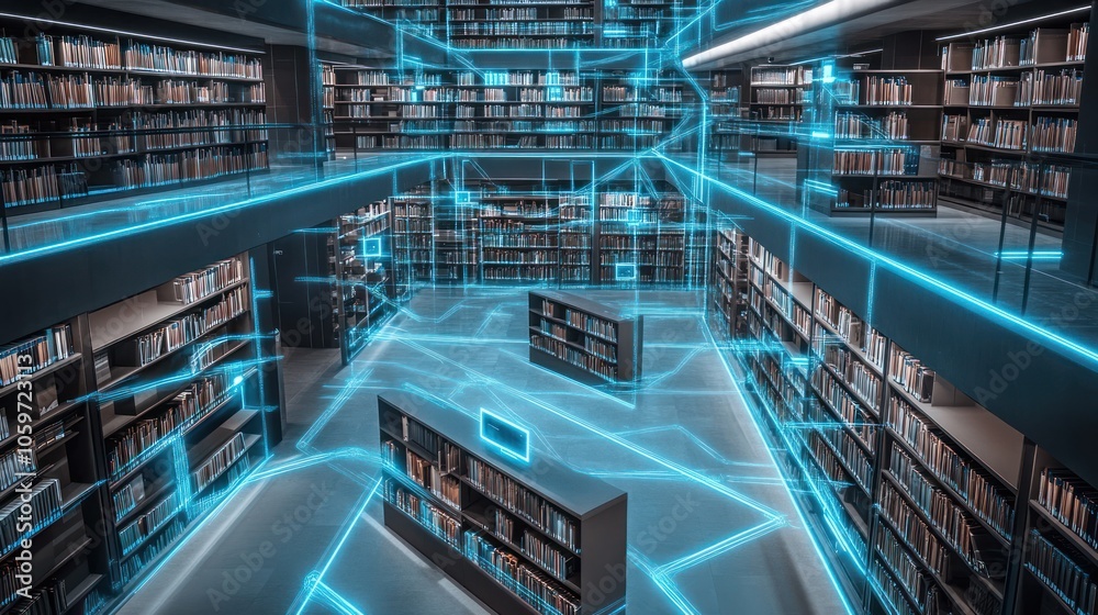 A modern library interior with glowing blue digital lines connecting bookshelves, symbolizing the interconnectedness of information and knowledge. A modern library interior with glowing blue digital lines connecting bookshelves, symbolizing the interconnectedness of information and knowledge.