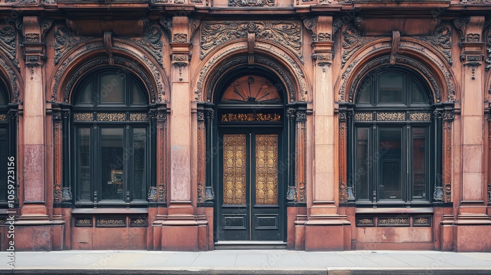 Obraz premium Ornate Victorian facade with intricate patterns and textures, empty street view, ample copy space