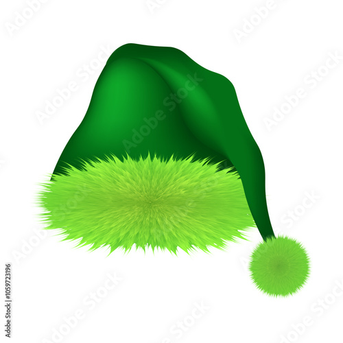 Green Christmas hat, furry winter accessory, vector illustration.