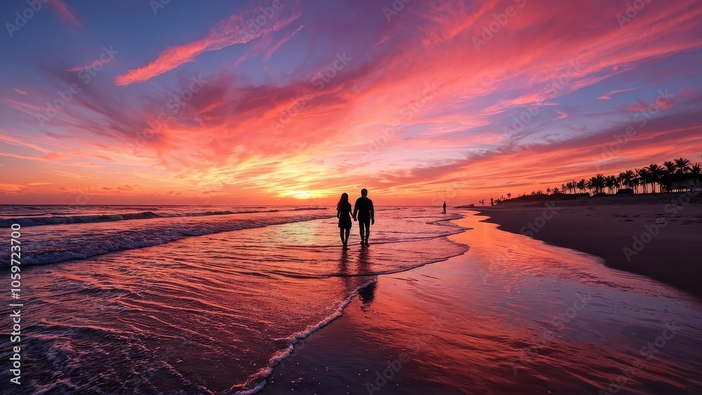 Fototapeta premium A couple walks along a beach at sunset, surrounded by vibrant colors and reflections.