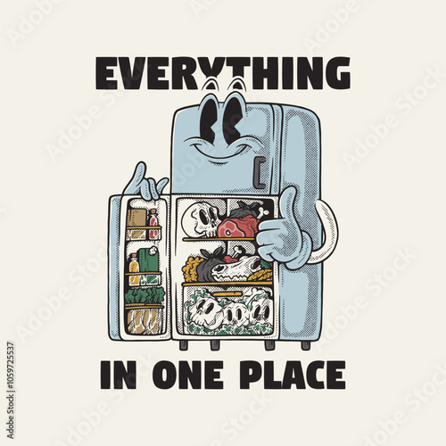 retro cartoon emblem of refrigerator showing his inside
