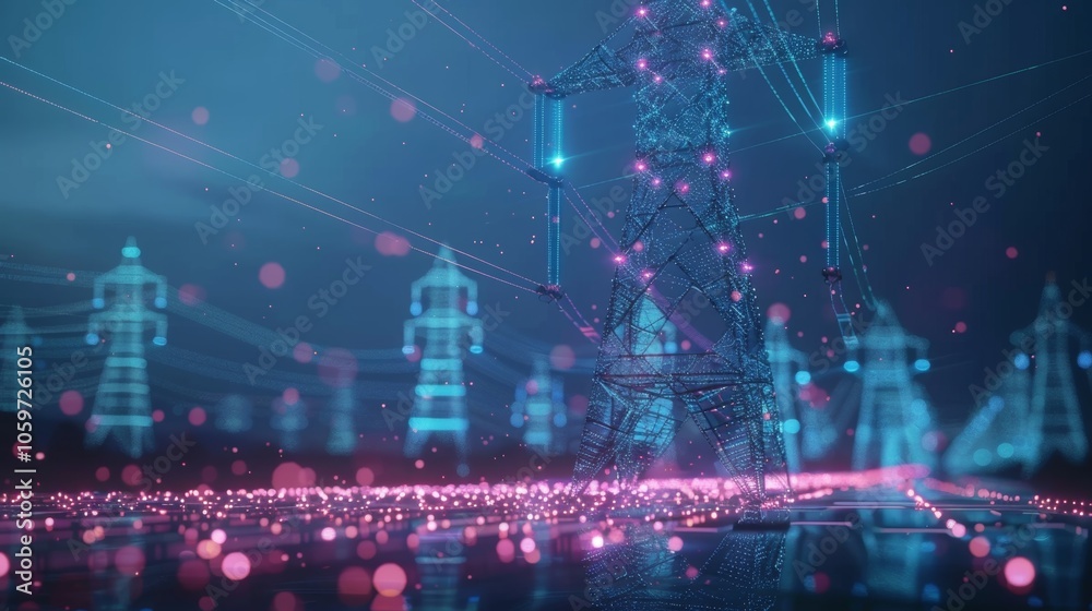 Glowing electricity pylons illuminating a vibrant technological ...