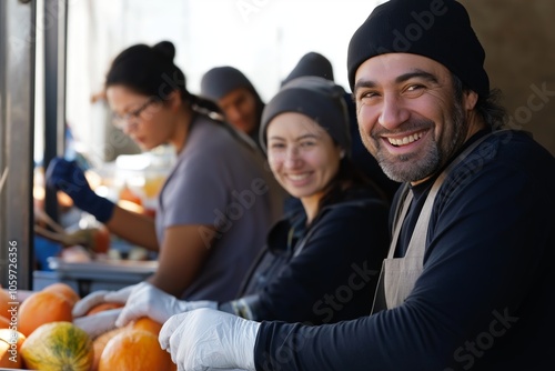 Volunteers at a local food bank preparing meals and distributing fresh produce to support community needs during a charity event photo