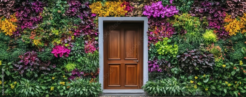 Fototapeta premium Colorful Vertical Garden on House Facade with Wooden Door in Daylight