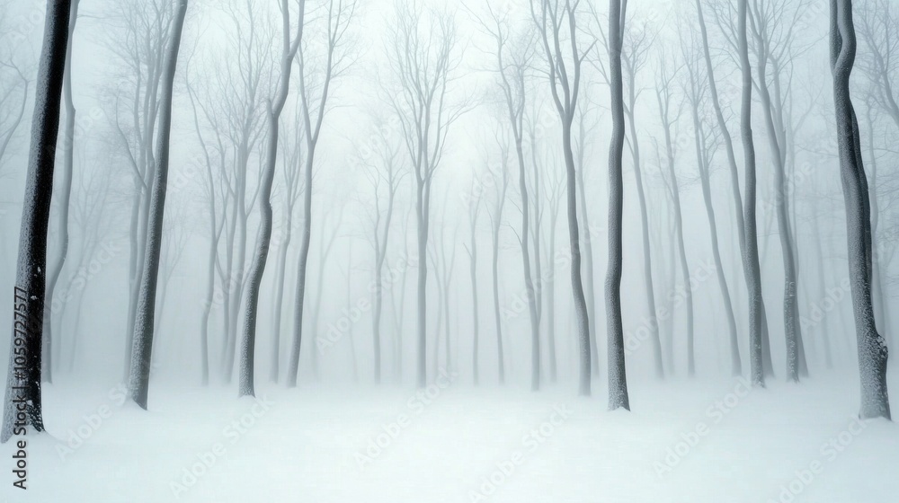 Fototapeta premium Bare trees stand tall in a serene, foggy winter forest, creating a mystical atmosphere, AI