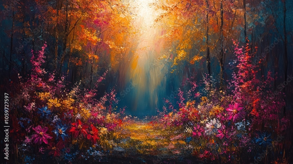 Fototapeta premium A Sunlit Path Through a Vibrant Forest of Flowers