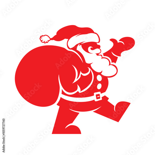 Santa Claus silhouette walking with a sack of presents, waving and shouting or singing. Vector template on transparent background
