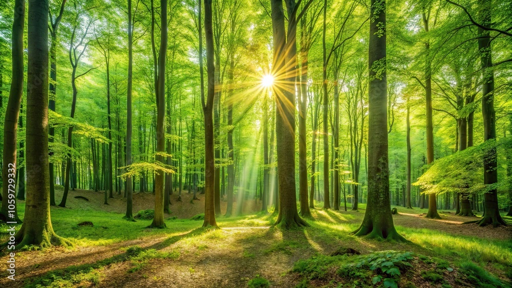 Fototapeta premium Extra wide panorama of a scenic green beech forest with sunlight filtering through the foliage, scenic, forest, green, beech trees