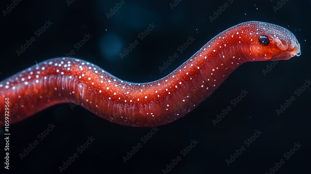 Fototapeta premium A red, segmented, worm-like creature with a pointed head swims in dark water.