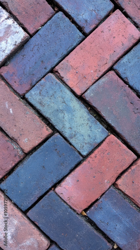 Obraz premium Weathered herringbone brick pattern flat lay for rustic design and decor