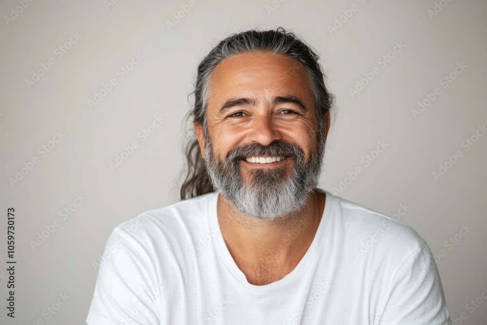 Obraz premium Portrait of a Happy Man Smiling with Long Hair and Beard in White T-Shirt on Neutral Background