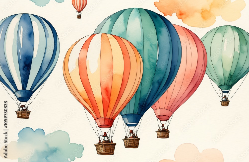 Obraz premium Colorful hot air balloons soaring through a dreamy sky with watercolor clouds