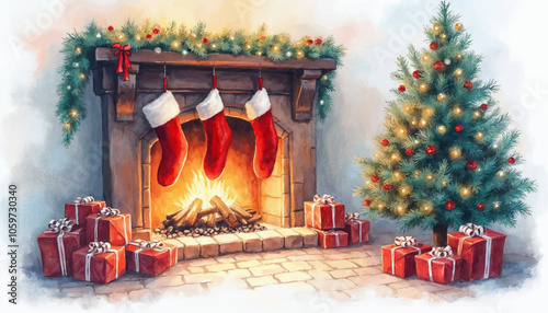 Watercolor illustration of a festive fireplace with stockings and gifts