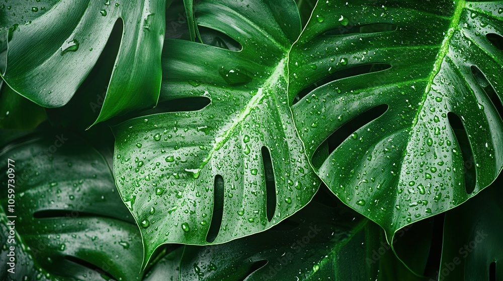 Fototapeta premium Green Monstera Leaves With Water Drops