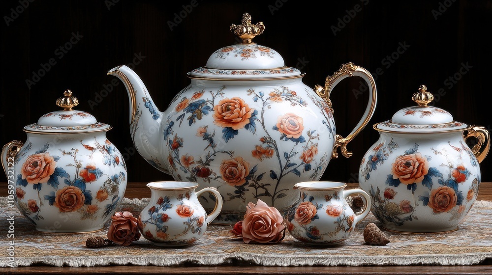 Ornate Porcelain Tea Set with Floral Designs and Gold Accents Ornate Porcelain Tea Set with Floral Designs and Gold Accents