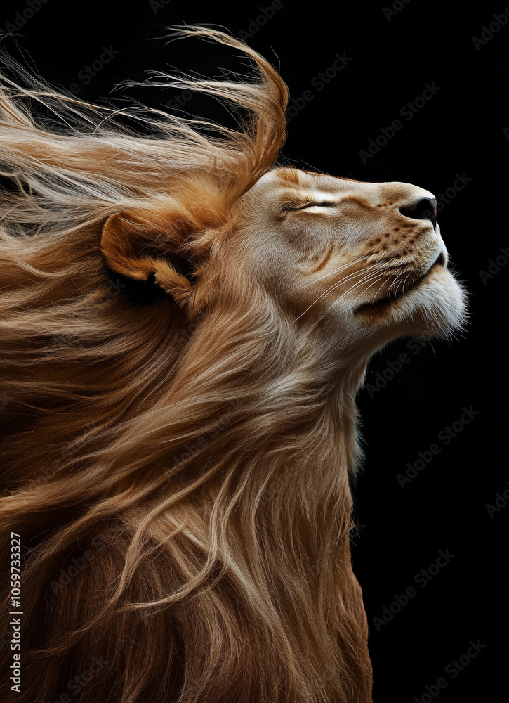Naklejka premium An anthropomorphic lion with long blonde hair, wearing black, facing the camera, hair flowing in the wind.Advertisement for hair salons.Minimal creative fashion concept.Copy space 