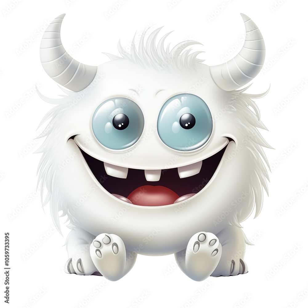 Naklejka premium A cheerful cartoon yeti character smiling joyfully with fluffy white fur and big blue eyes