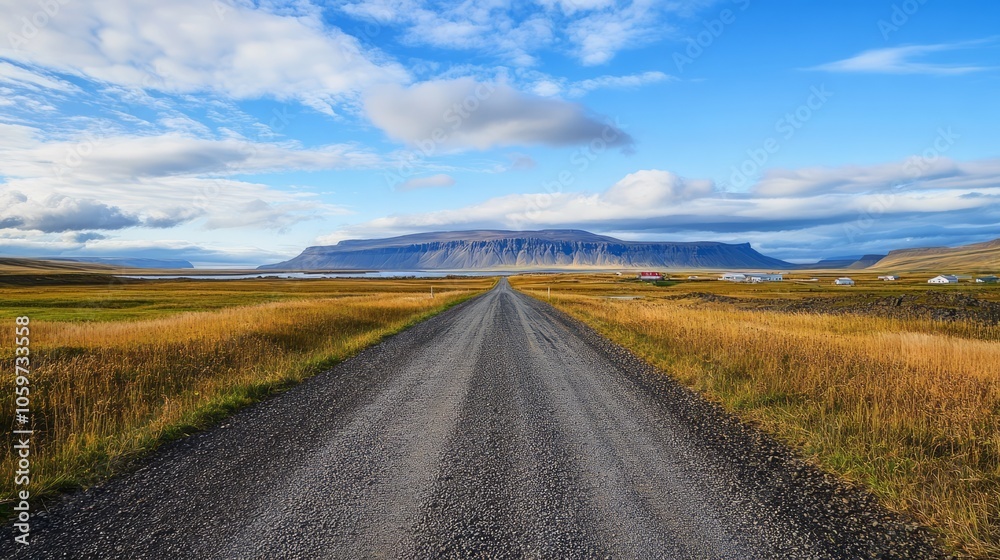 Fototapeta premium Serene Gravel Road Leading to Majestic Mountains Under Blue Sky