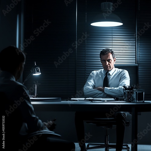 A stern boss sitting in a dark, isolated office, staring intensely at their employees with a disapproving glare, dramatic lighting highlighting the tense atmosphere