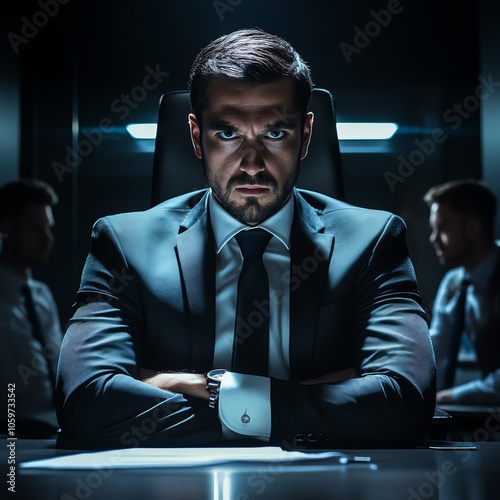 A stern boss sitting in a dark, isolated office, staring intensely at their employees with a disapproving glare, dramatic lighting highlighting the tense atmosphere