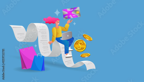 Online shopping. Receipt for smartphone screen. bill payment with credit card and financial. online payment credit card. pay money with mobile phone banking. Easy e bill payment. Vector illustration.