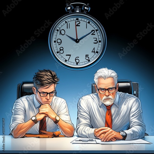 A boss looking at their watch impatiently while an employee frantically tries to meet an unrealistic deadline, a clock looming in the background emphasizing the pressure photo