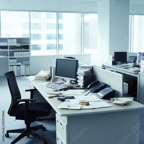 An office where the boss s desk is lavish and cluttered with personal luxuries, while employees work at small, cramped desks, highlighting unfair treatment and ego photo