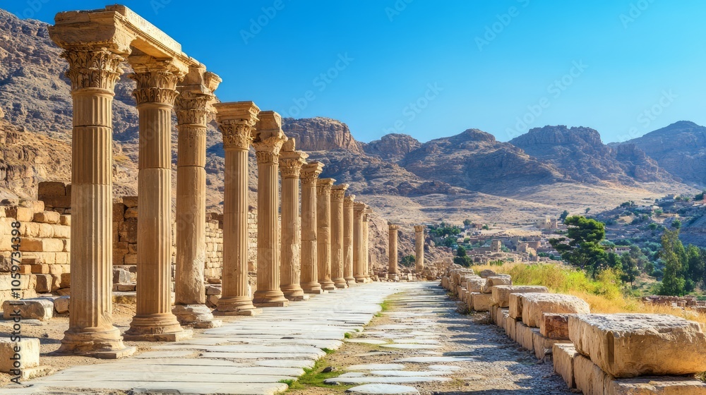 Fototapeta premium Ancient Ruins with Columns Surrounded by Mountains