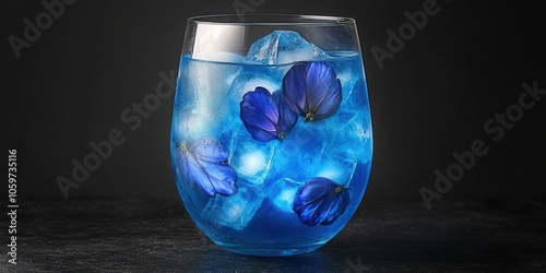 Vibrant Blue Butterfly Pea Flower Drink in Glass with Ice Cubes on Dark Surface - Refreshing Herbal Beverage Artistry for Cocktails and Natural Blue Drink Lovers photo