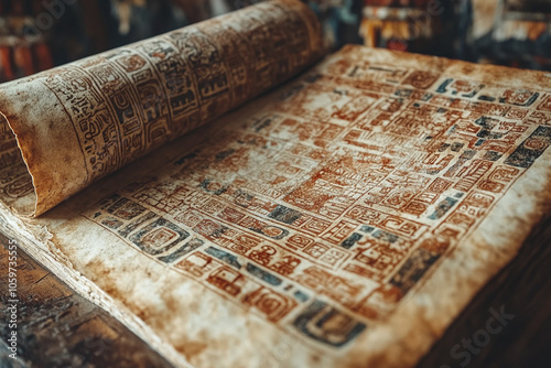 Aztec codex page, showcasing ancient glyphs on aged parchment.