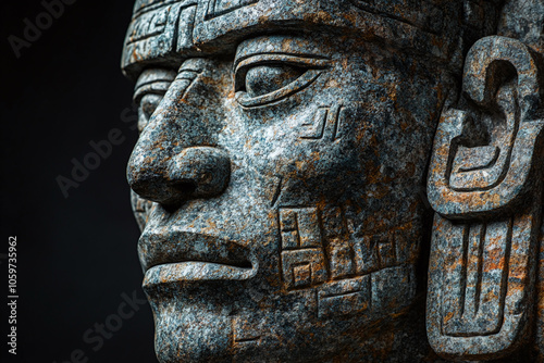 Aztec religious idol carved from stone, showing detailed facial features. photo