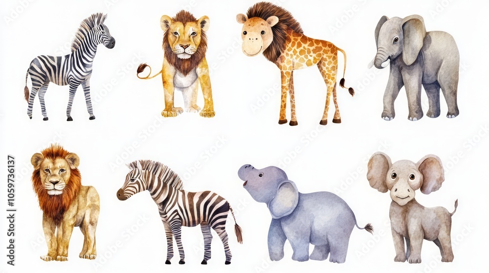 Fototapeta premium Colorful Watercolor Illustrations of African Safari Animals