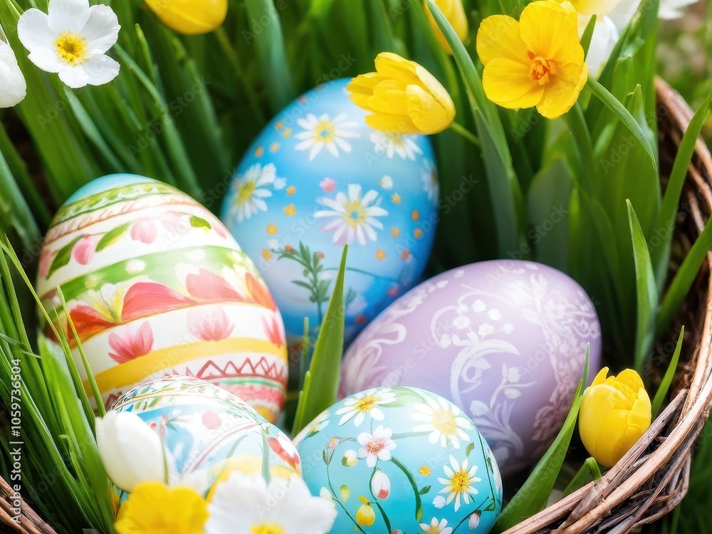 Fototapeta premium A colorful arrangement of decorated Easter eggs surrounded by flowers in a basket.