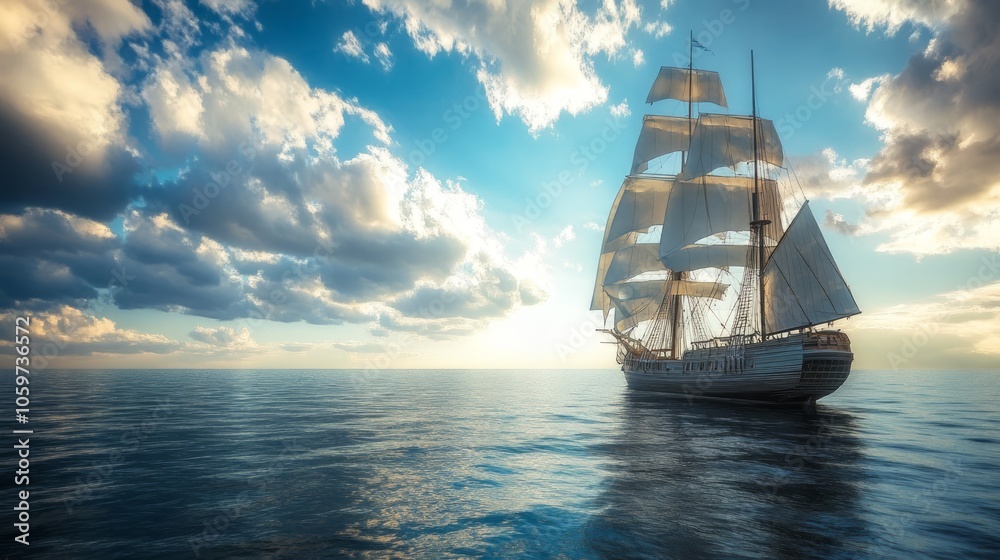 Fototapeta premium Majestic Tall Ship Sailing at Sunset Over Calm Waters