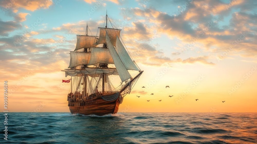 Obraz premium Majestic Sailing Ship Against a Colorful Sunset Sky Over Calm Waters