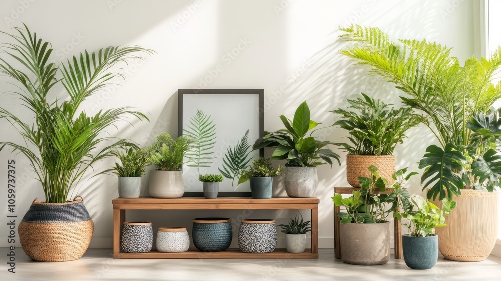 Fototapeta premium Modern Indoor Plant Arrangement with Decorative Pots and Natural Light