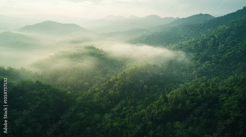Obraz premium Serene Aerial View of Lush Green Mountains and Misty Valleys