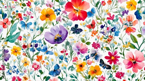 Colorful Botanical Watercolor Pattern with Flowers and Butterflies