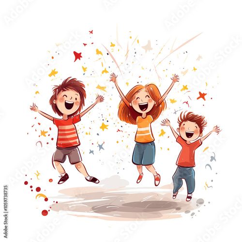 Three joyful cartoon children celebrating with confetti during a sunny day in a vibrant park