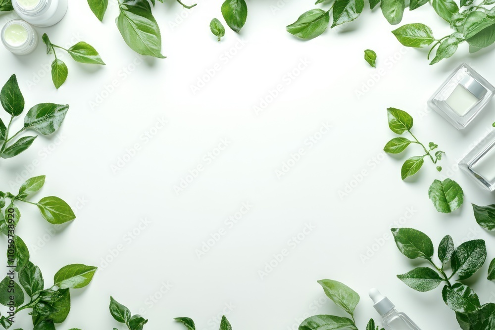 Fototapeta premium Leafy Greenery with Skincare Bottles on White Background in Natural Light Setting
